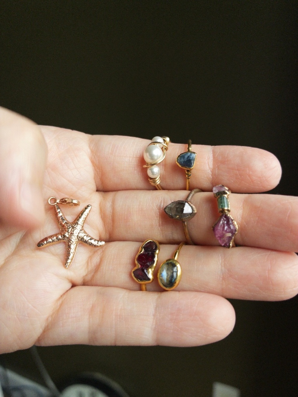 6 rings + starfish charm - sapphire, diamond quartz, garnet, tourmaline, labrado